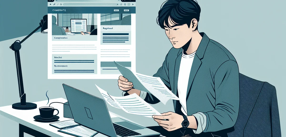 A flat illustration of a person studying documents with a laptop showing regulatory compliance conte