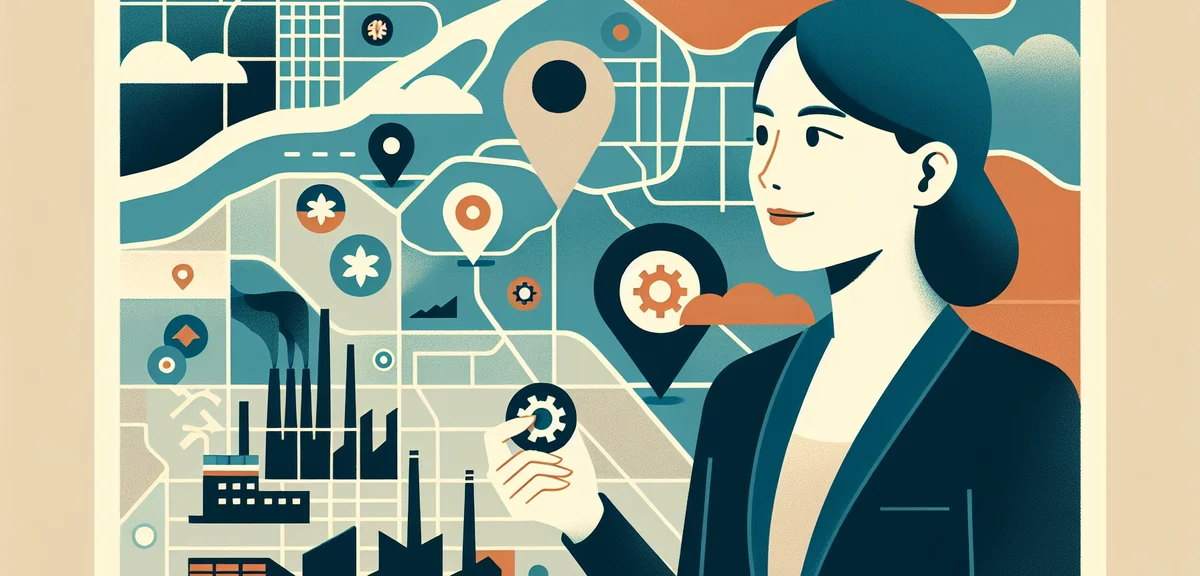 A flat illustration of a person looking at a map of Kyushu region with small factory icons dotted ac