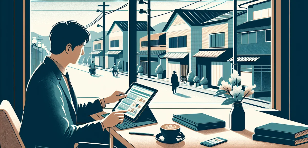 A person looking at job listings on a tablet while sitting at a cafe table with a latte, with a Japa