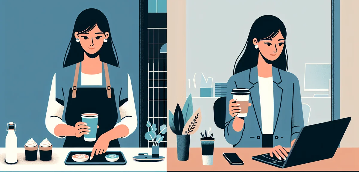 A split view showing a person serving coffee on the left and the same person working at an office de