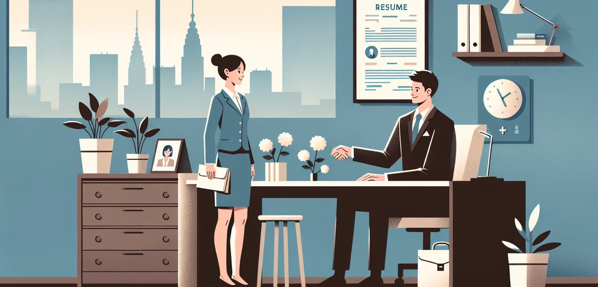 A person shaking hands with a manager in a small modern Japanese office, with a resume on the desk, 