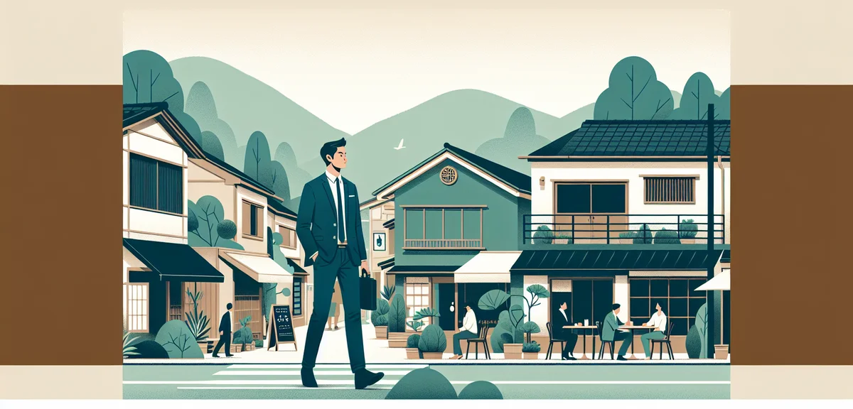 A person walking confidently past a row of small shops and cafes in a Japanese suburban town with gr
