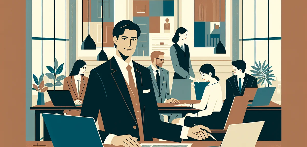 A Japanese office scene showing workers of different ages collaborating at desks, with a 50-somethin