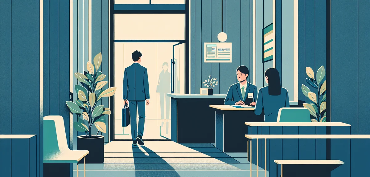 A person visiting a Japanese public employment office (Hello Work), speaking with a counselor at a d