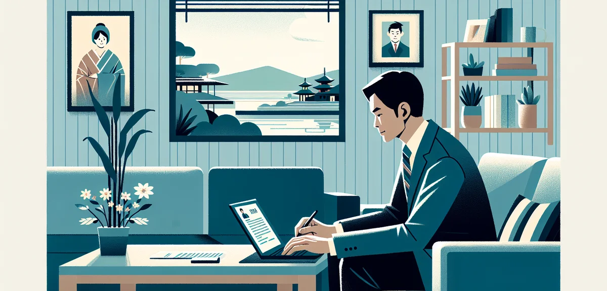 A mature Japanese man updating his resume on a laptop at home, with family photos and a window showi