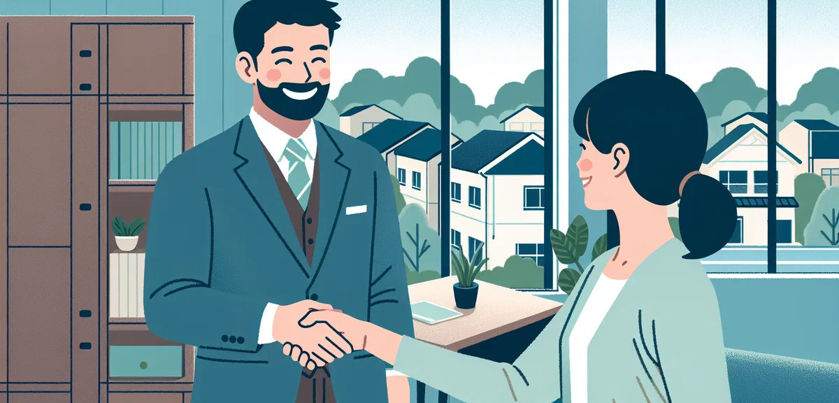 A 50-something Japanese man shaking hands with a hiring manager in a small modern office, both smili