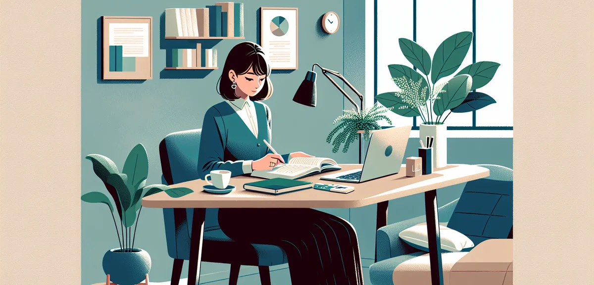 A flat illustration of a person studying English at a desk with TOEIC study materials and a laptop, 