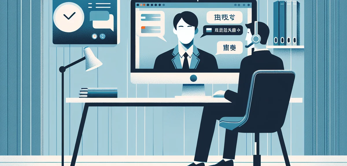 A flat illustration of a person having a bilingual video meeting on a laptop, with speech bubbles in