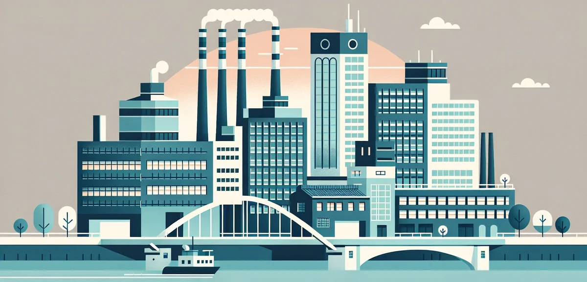 A flat illustration showing a factory building and an office building side by side with a bridge con