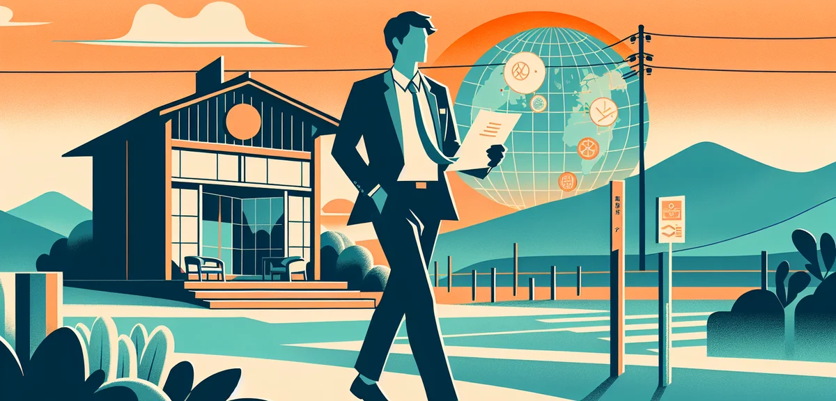 A flat illustration of a person confidently walking toward a modern office in a Japanese suburban ar