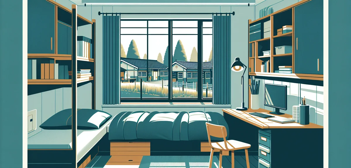 A clean and simple Japanese company dormitory room with a bed, desk, and small window showing a peac