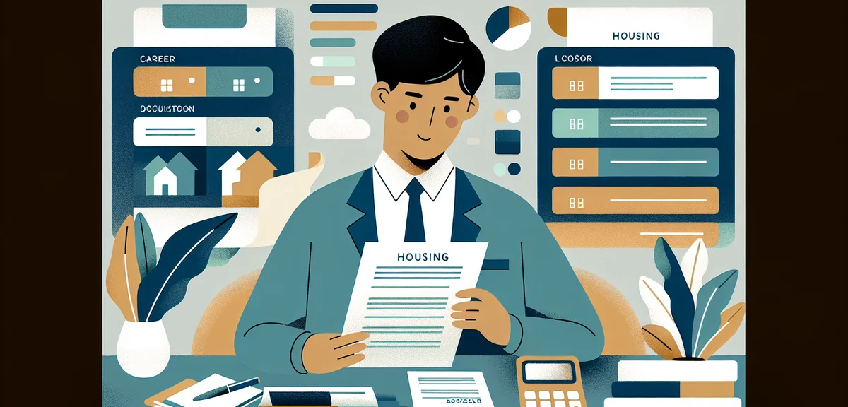 A person comparing two documents labeled with housing options at a desk, with a calculator and noteb