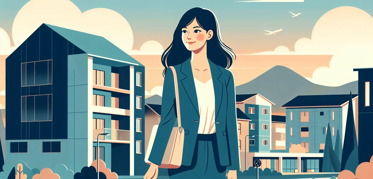 A person carrying a suitcase walking toward a modern apartment building in a Japanese suburban town 