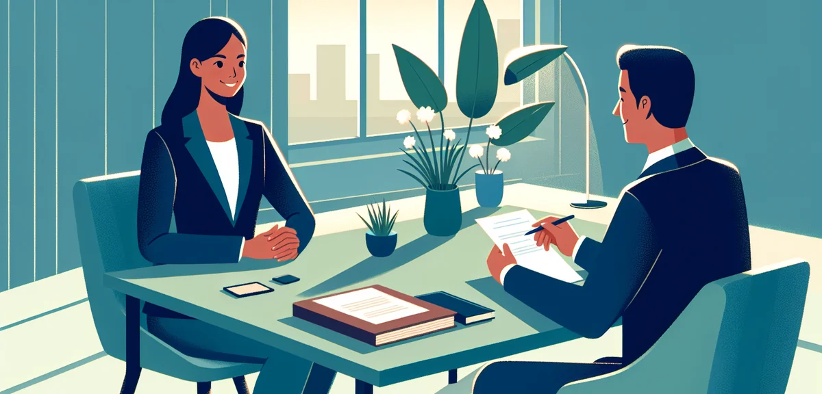 A person having a friendly conversation with a company representative in a bright office setting, wi