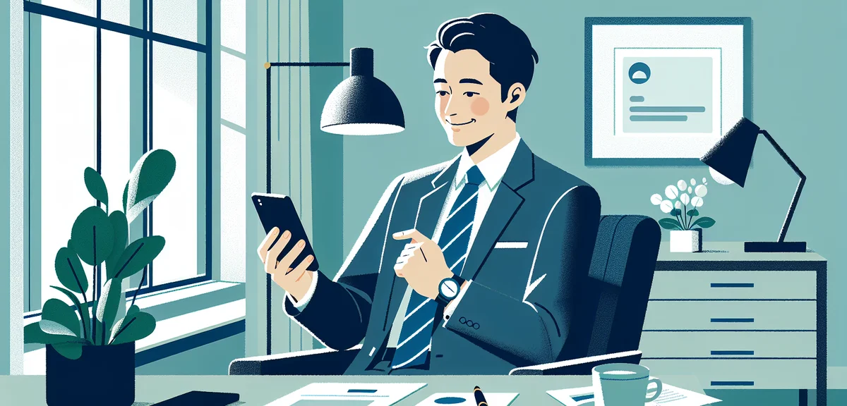 A mature Japanese businessman receiving a notification on his smartphone with a pleased expression, 