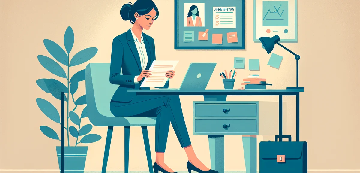 A person reviewing their career history document at a desk, with sticky notes and a laptop nearby, w