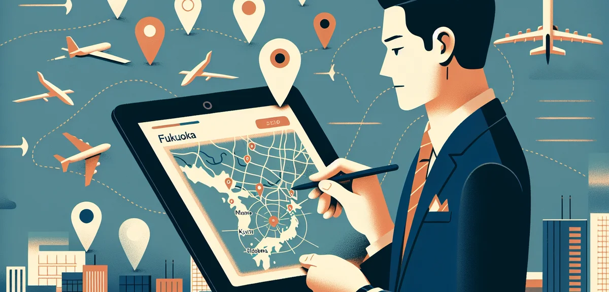 A map of Fukuoka and Kyushu region with job-related pin markers, a person looking at the map on a ta