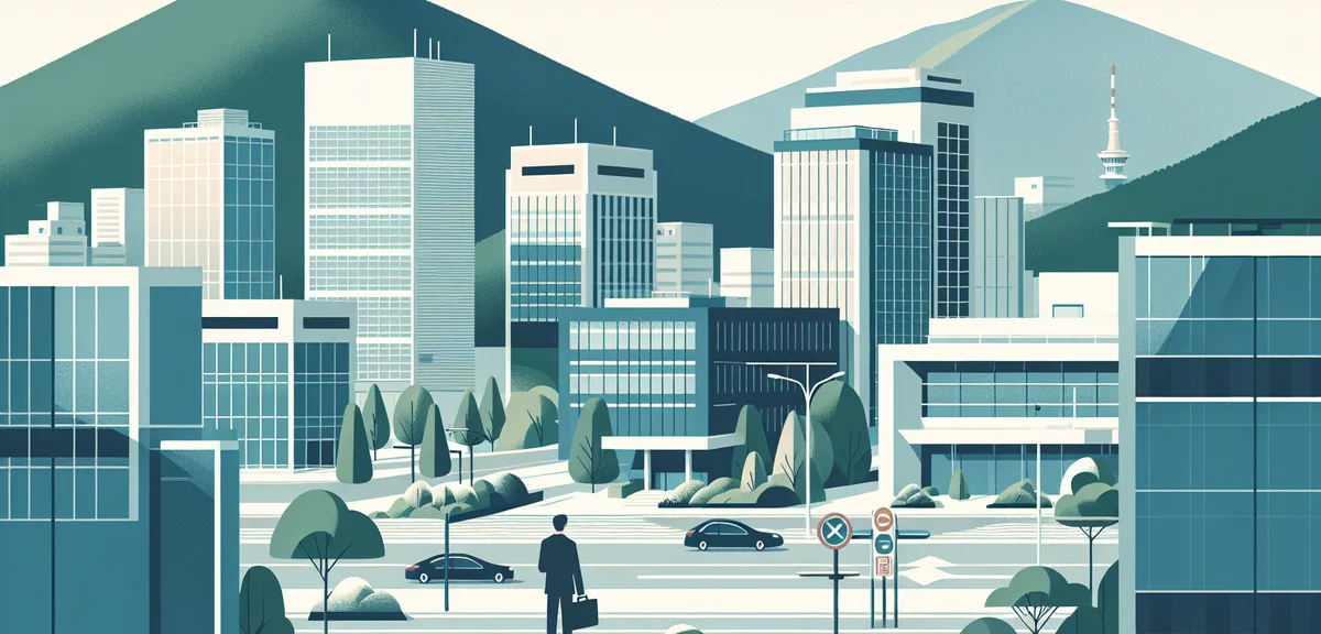 A Japanese business district in a regional city with mid-size office buildings and green hills in th