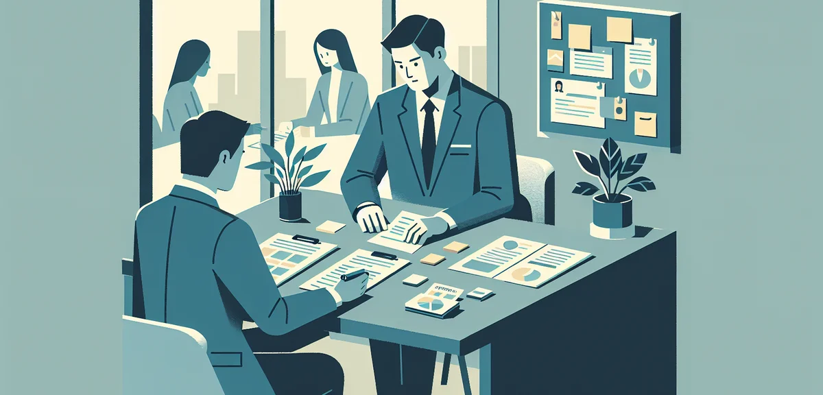 A person reviewing documents and comparing options at a desk, with sticky notes and a notebook, orga