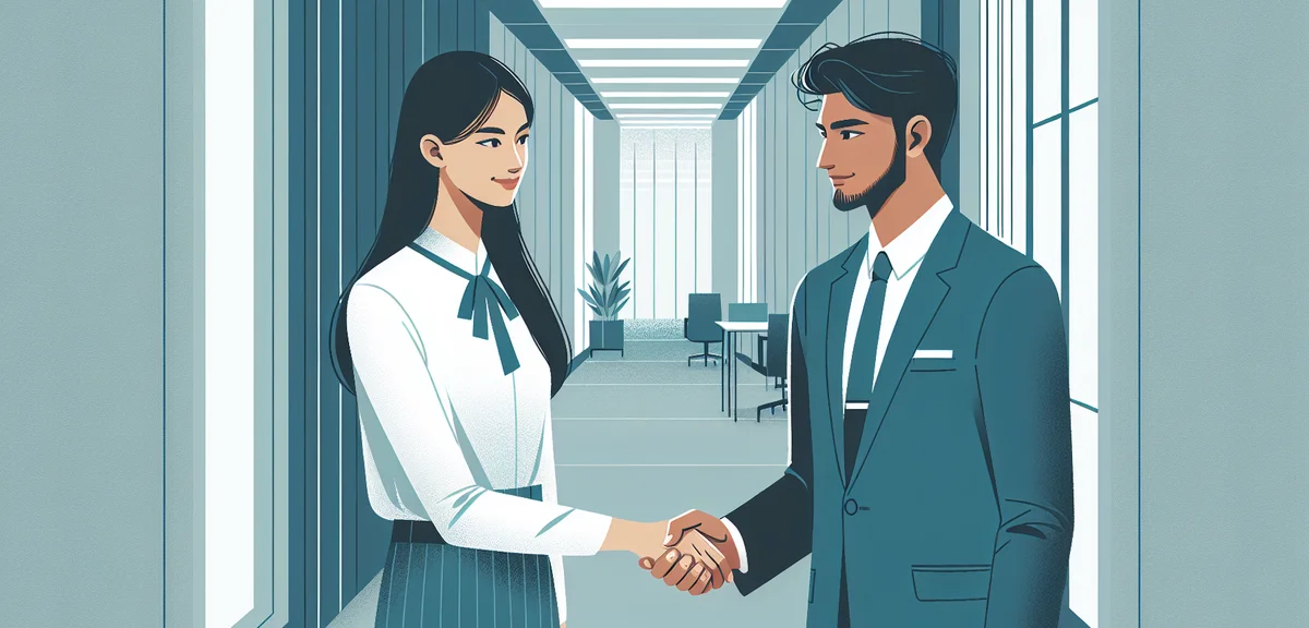 Two businesspeople shaking hands in a modern office hallway, professional but warm atmosphere, flat 