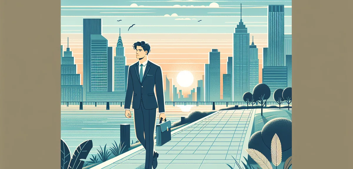 A person walking confidently along a riverside path with a city in the background, sunset colors, ho