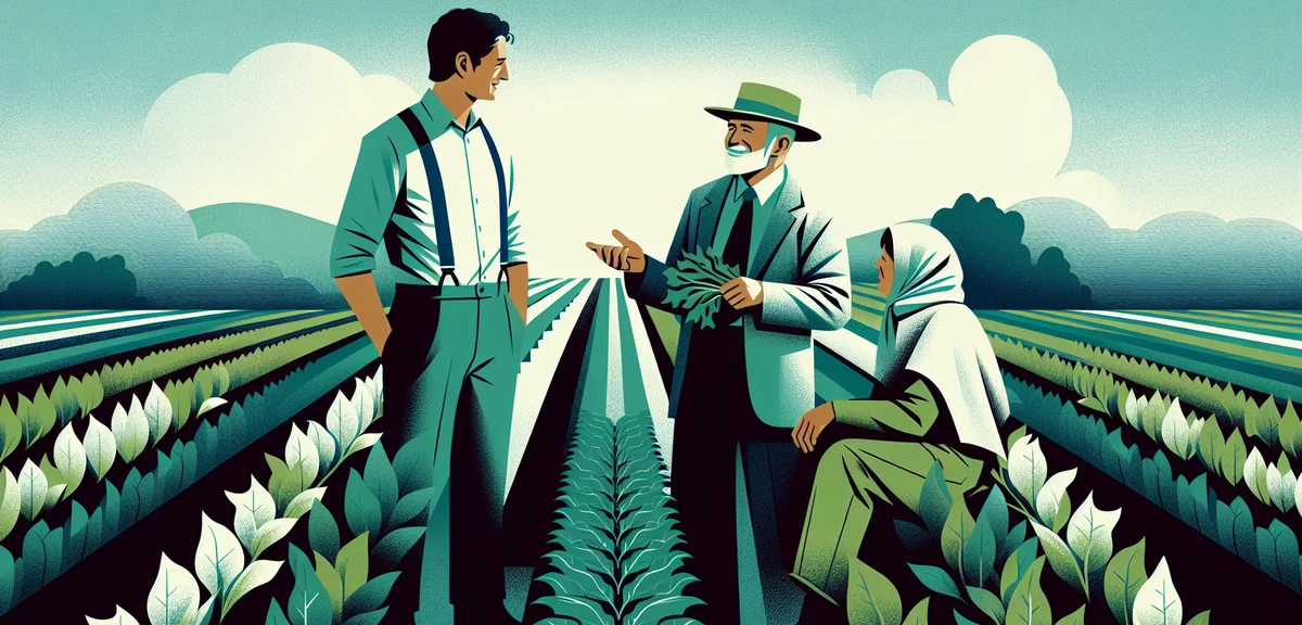 A person in work clothes learning farming techniques from an experienced farmer in a lush vegetable 