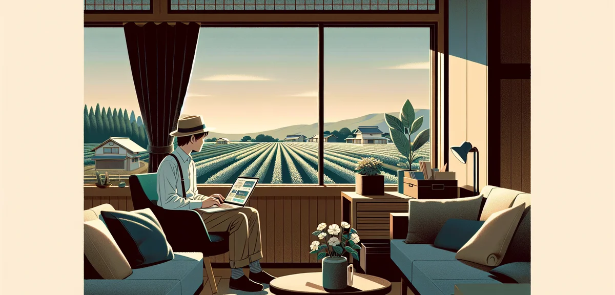 A person browsing agricultural job listings on a laptop in a Japanese rural home with fields visible