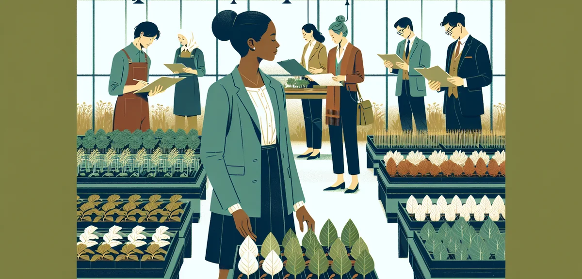 A small group of people attending an agricultural training session in a greenhouse with various crop