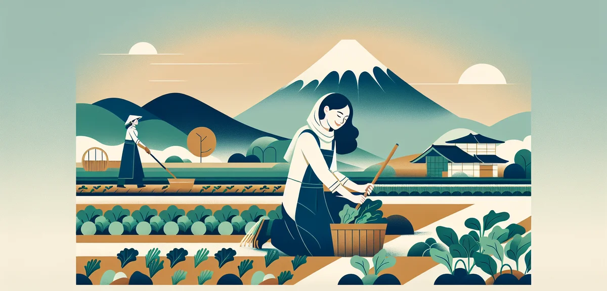A person happily harvesting vegetables in a field with mountains and a Japanese countryside landscap