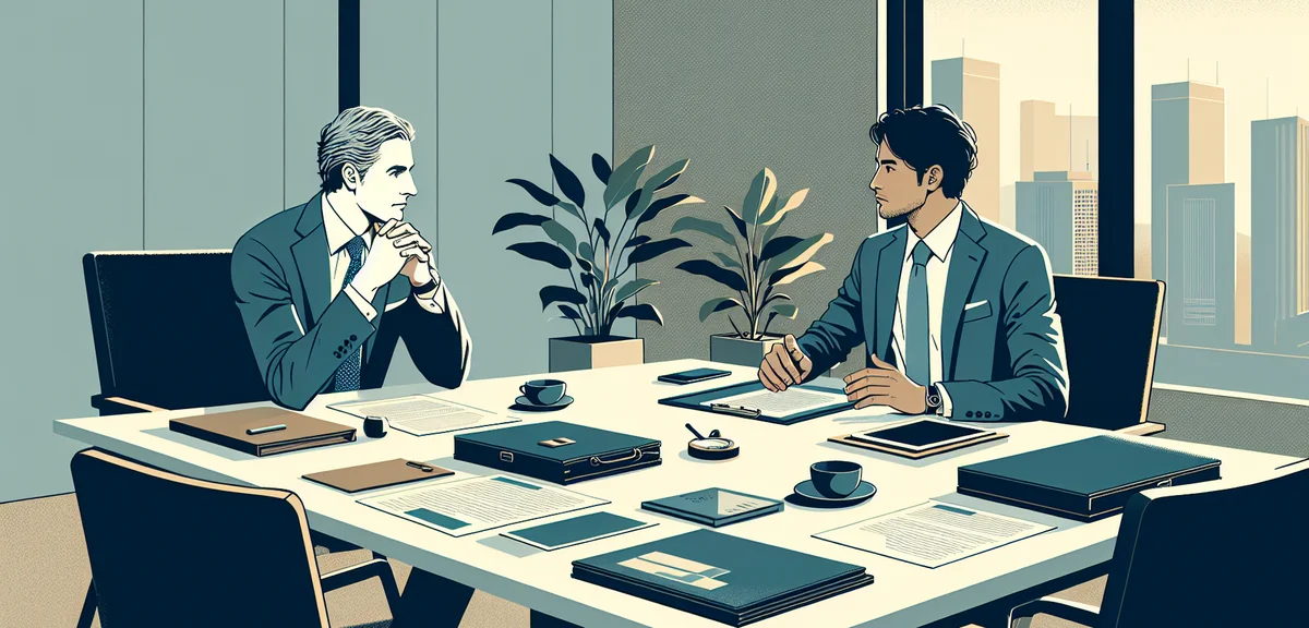 Two men of different ages having a serious business discussion at a meeting table in a modern office