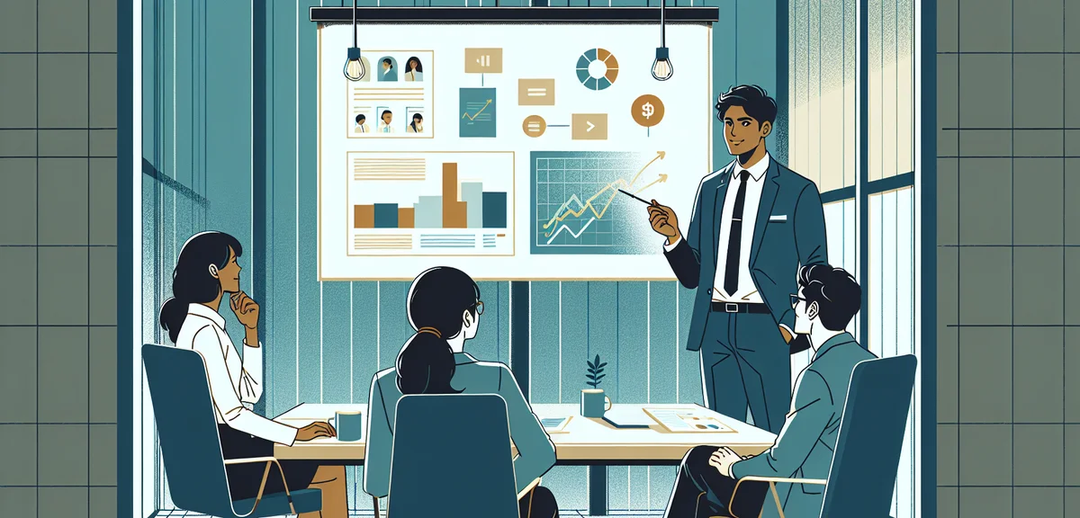 A man in his 40s confidently presenting to a small team in a bright Japanese office, whiteboard with