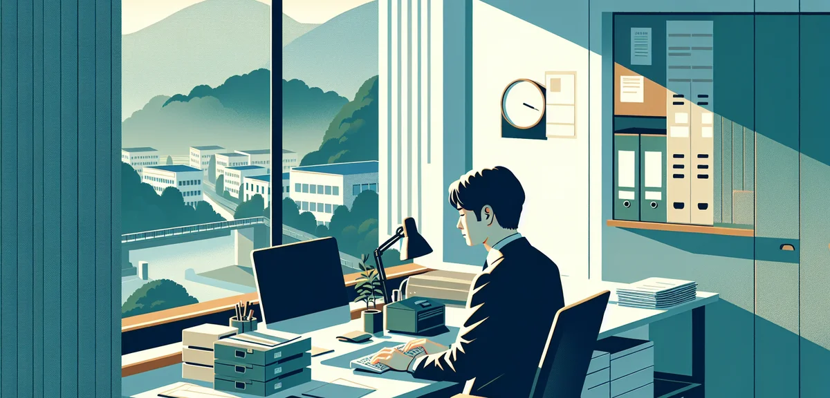 A man working at a desk in a Japanese regional city office, view of green hills and modest buildings