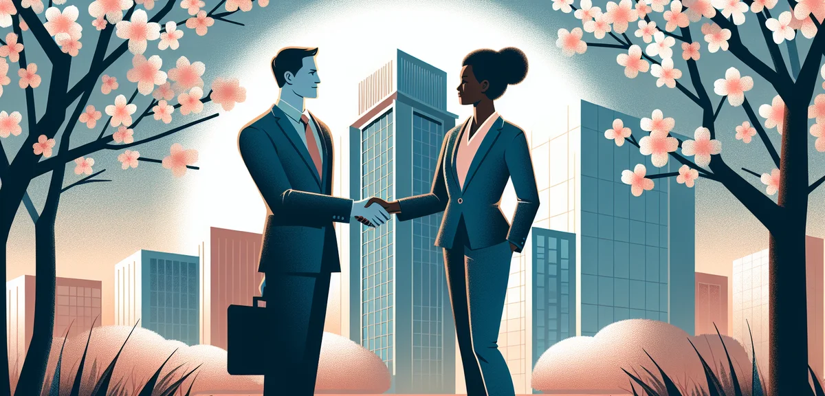 A man in his 40s shaking hands with another professional in front of a mid-sized Japanese company bu