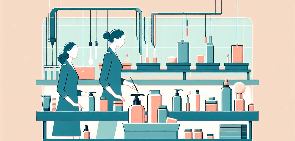 A flat illustration showing various cosmetic products like skincare bottles and makeup items on a pr