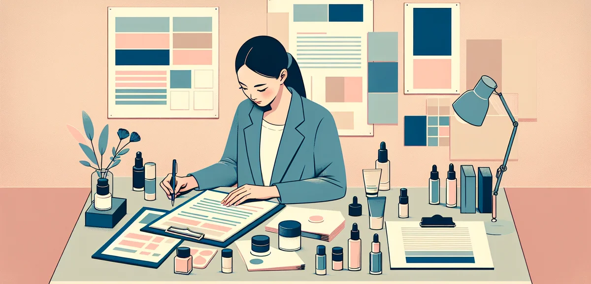 A flat illustration of a person reviewing product quality documents at a desk with cosmetic samples 