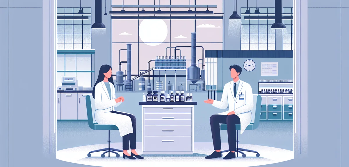 A flat illustration of two people in lab coats discussing in a clean cosmetics manufacturing facilit
