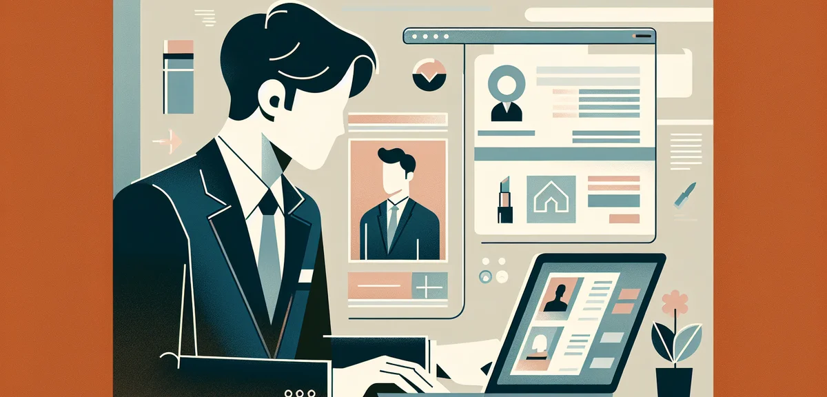 A flat illustration of a person looking at a laptop screen showing job listings with small cosmetic 