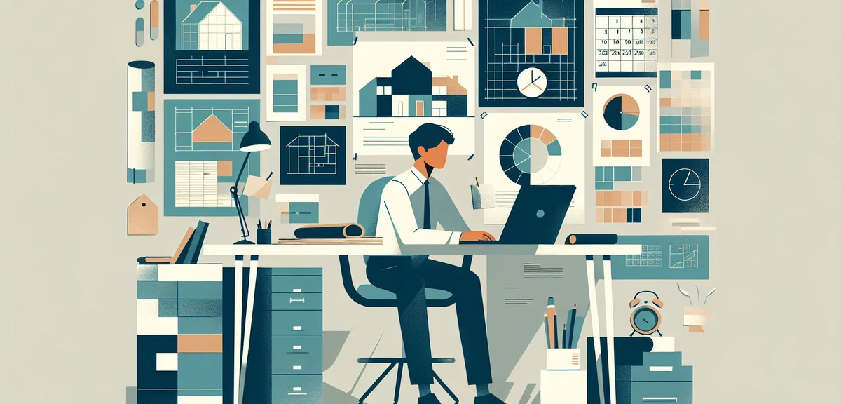 A flat illustration of a person working late at a desk with house blueprints and a calendar showing 