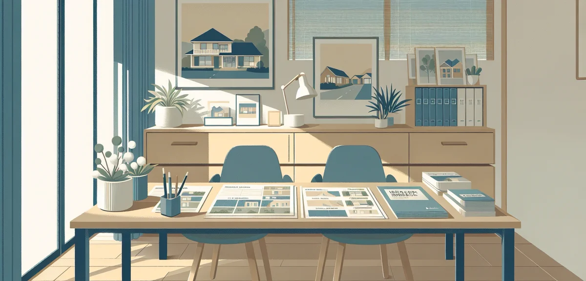 A flat illustration of a housing sales office interior with model house pamphlets on a desk, muted b