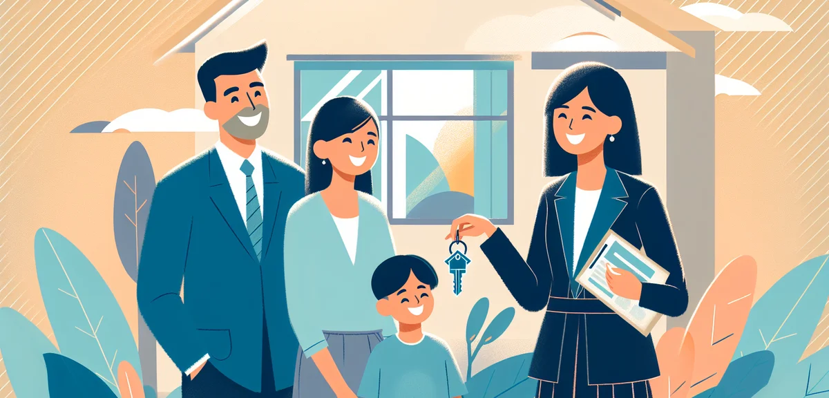 A flat illustration of a smiling family receiving house keys from a professional, warm pastel tones 