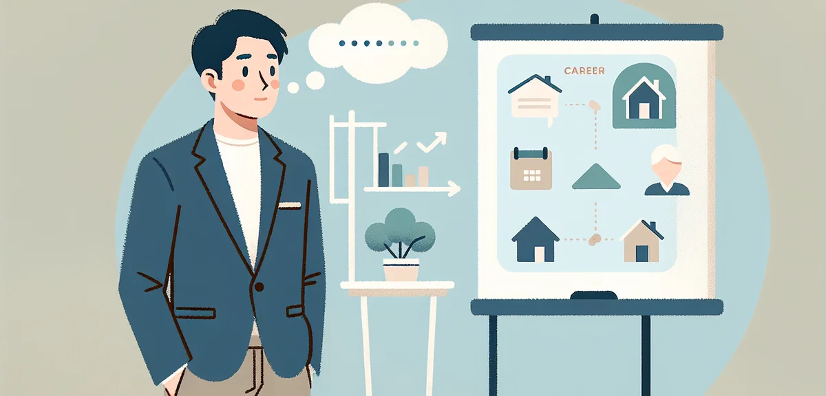 A flat illustration of a person comparing two career paths on a whiteboard with housing-related icon