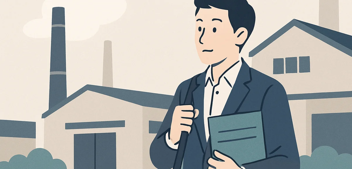 A flat illustration of a sales person carrying product catalogs visiting a regional factory, soft wa