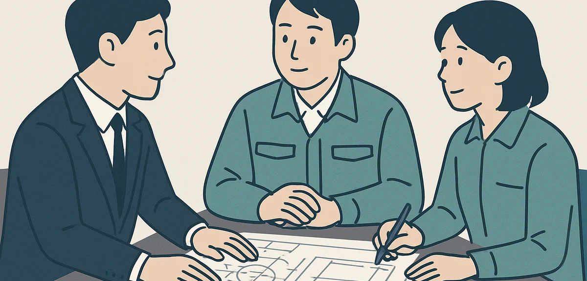 A flat illustration of a meeting between a manufacturer sales person and engineers around a table wi