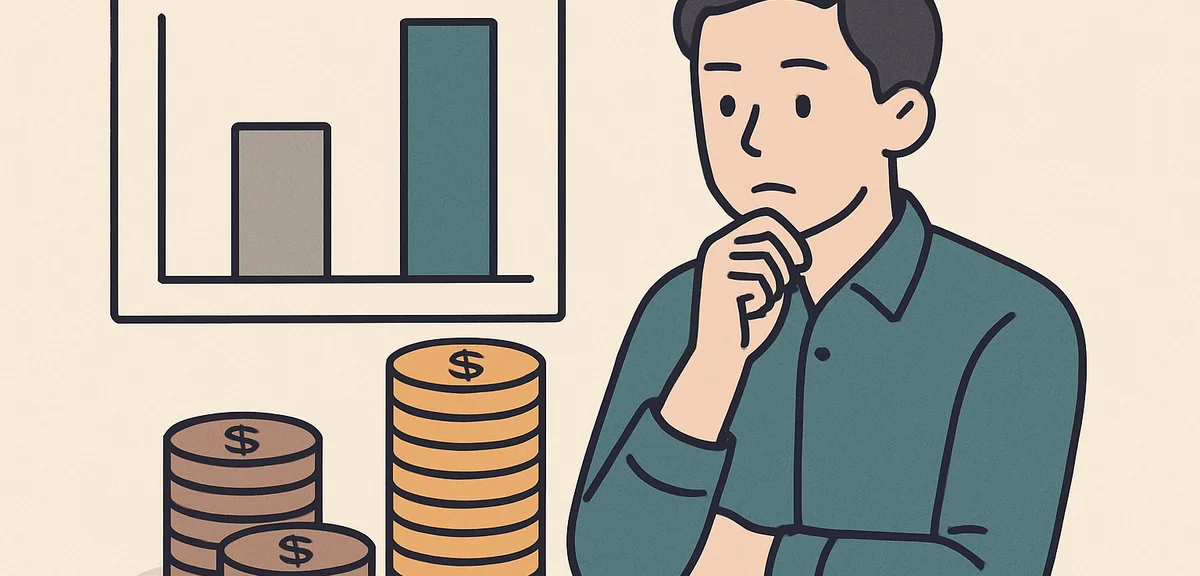 A flat illustration of a salary comparison concept with coins and a chart, warm earth tones with tea