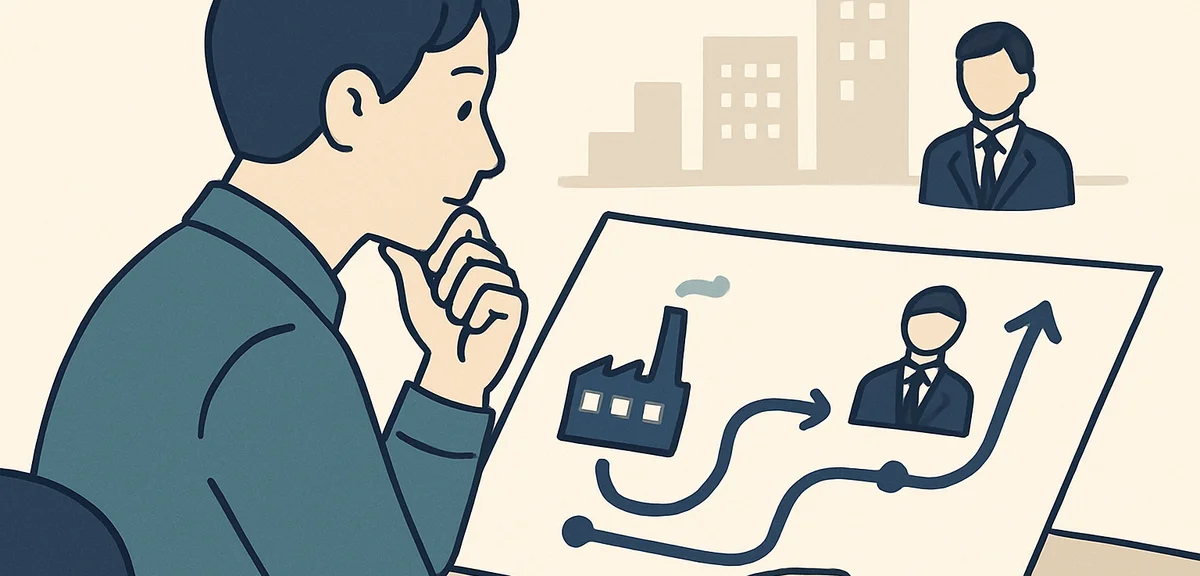 A flat illustration of a person reviewing a career path map with manufacturing and sales icons, soft