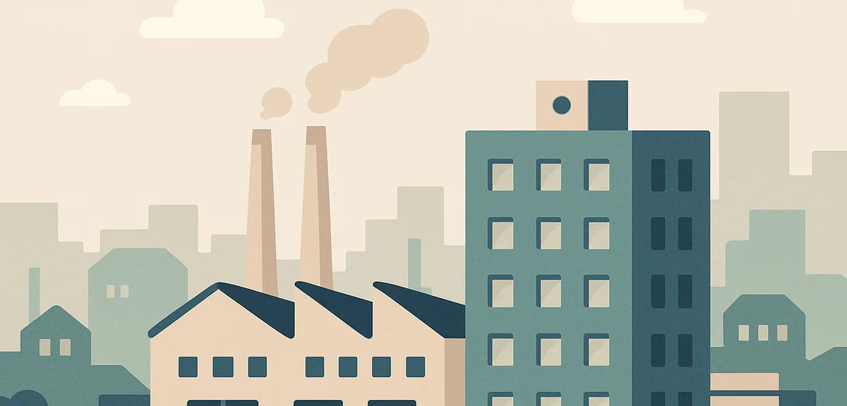 A flat illustration of factory and manufacturing buildings in a regional city skyline, soft warm ton