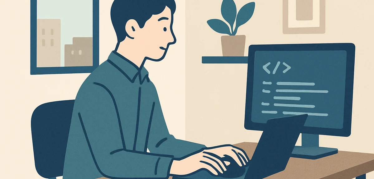A flat illustration of a person working with laptop and code on screen in a small office, navy and t