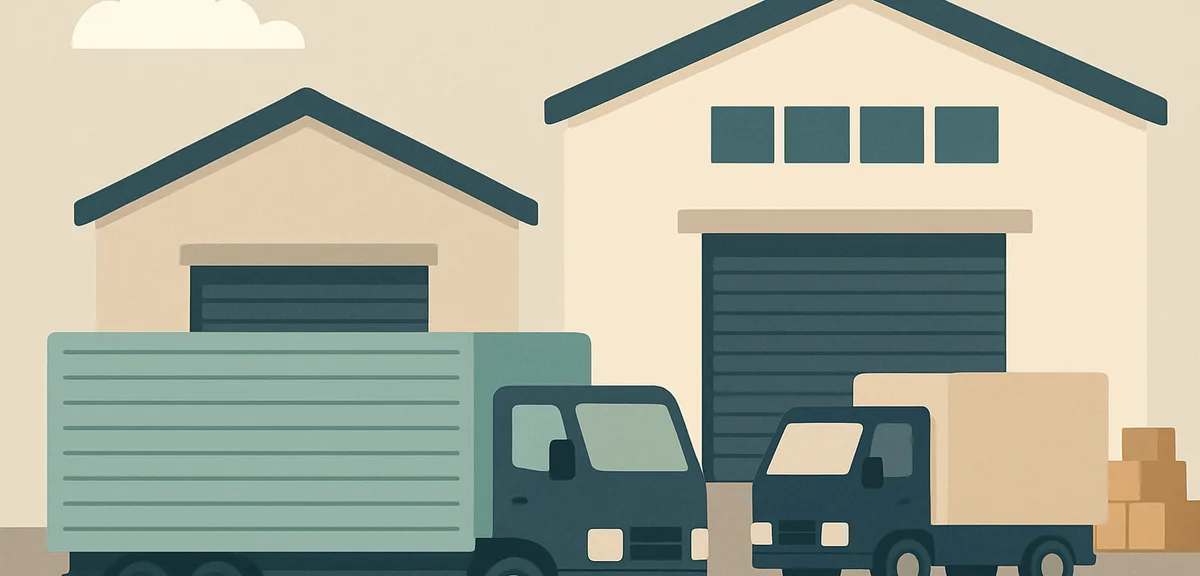 A flat illustration of trucks and warehouses representing logistics industry, muted earth tones, sim