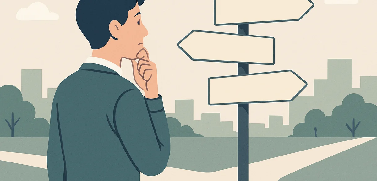 A flat illustration of a person at a crossroads with several career signposts pointing different dir