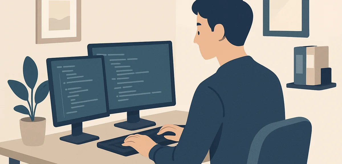A flat illustration of a person reviewing code on dual monitors in a small home office, soft warm gr
